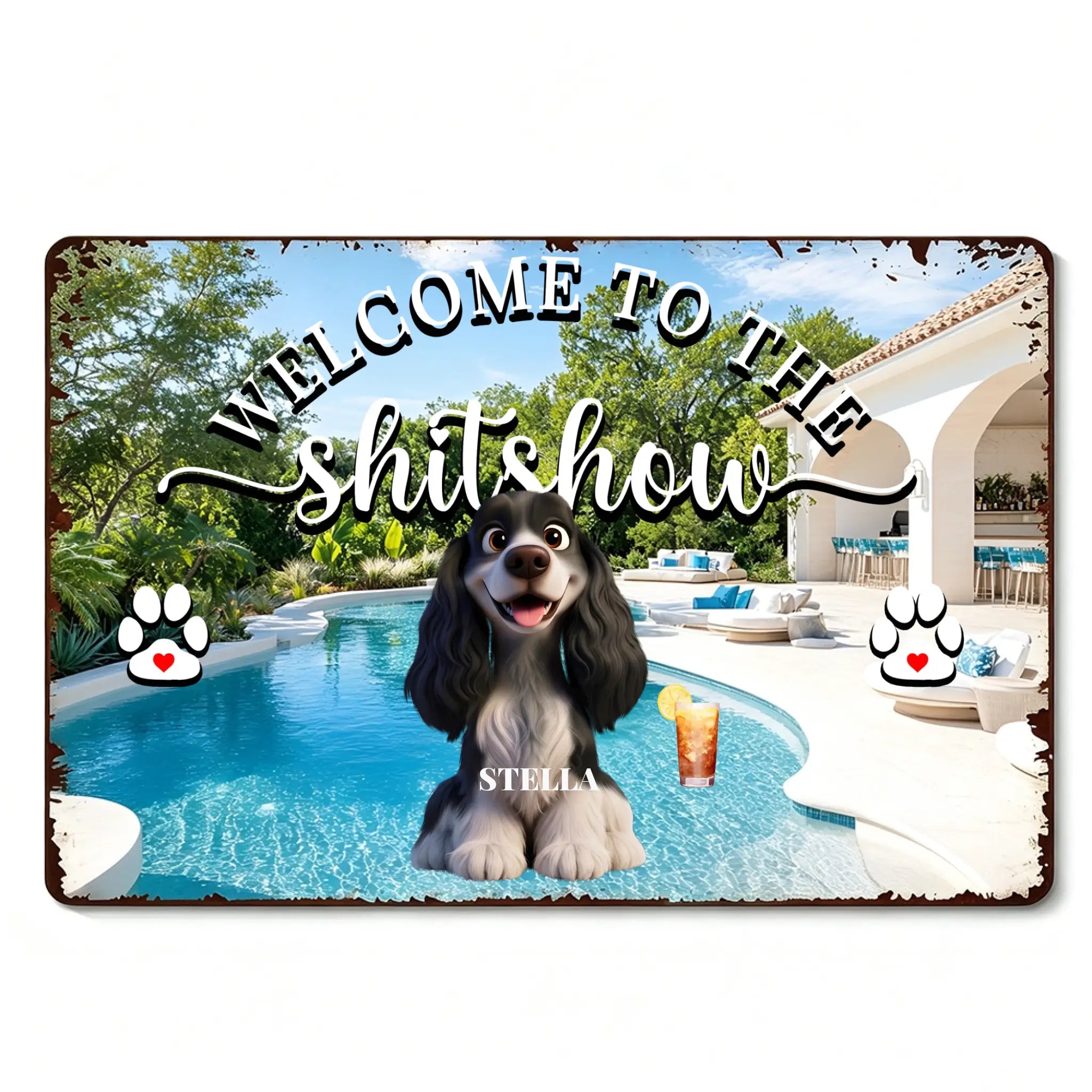 Personalized Cartoon Spaniel Dog Vintage Tin Sign Backyard Patio Decor