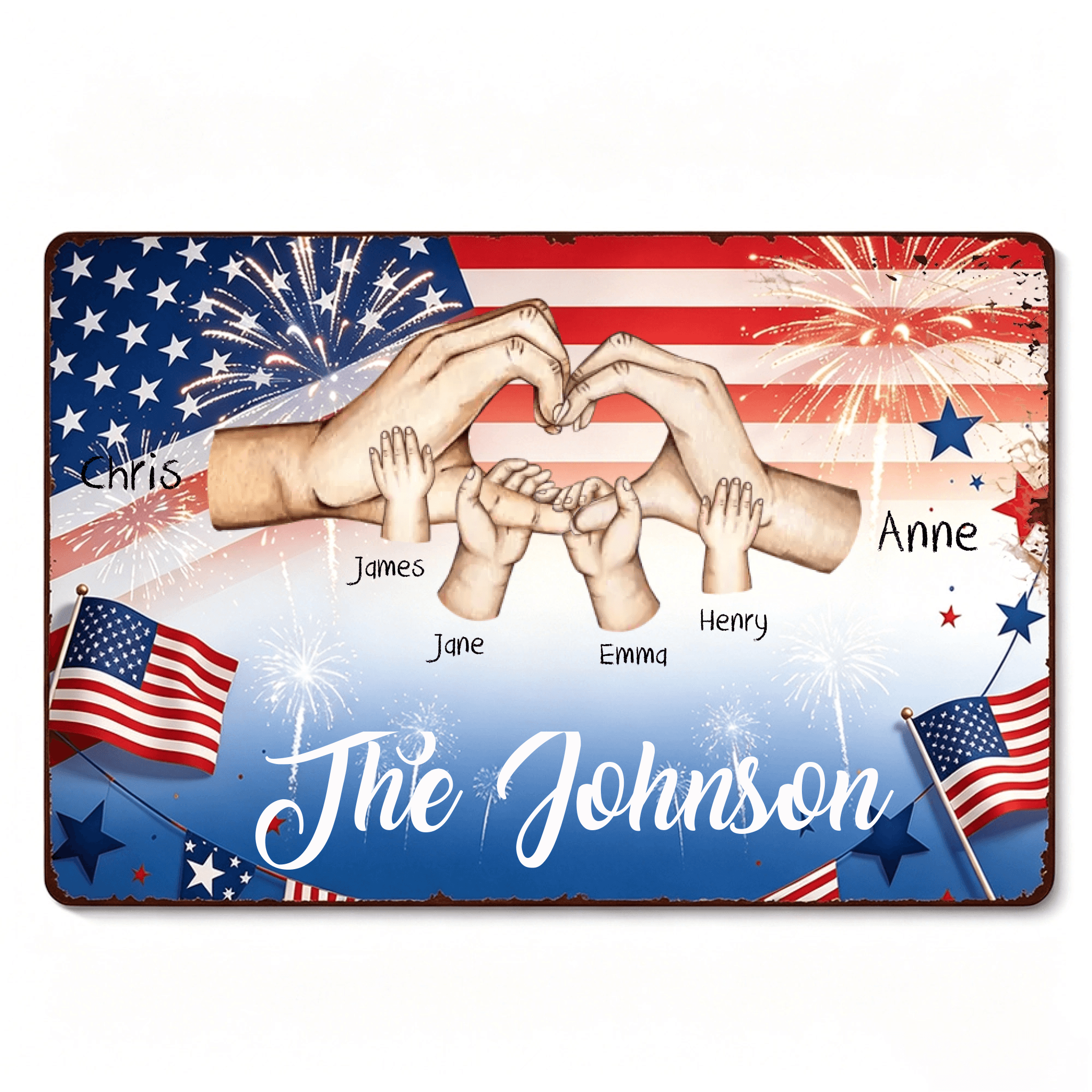 Custom Patriotic Family Hands Heart Personalized Vintage Metal Wall Sign