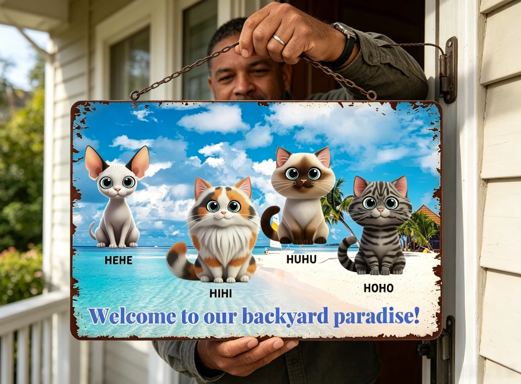 Custom Cat Names Backyard Paradise Metal Sign Beach Wall Decor