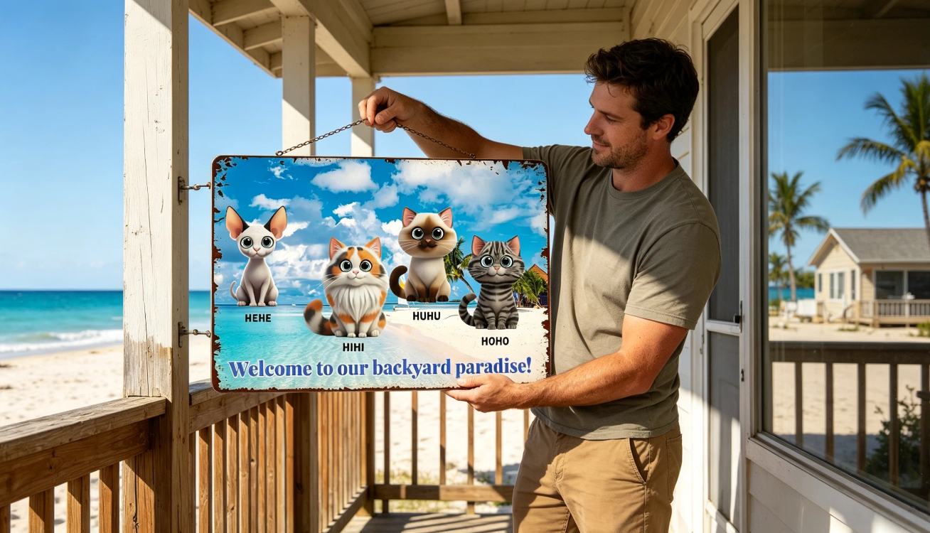 Custom Cat Names Backyard Paradise Metal Sign Beach Wall Decor