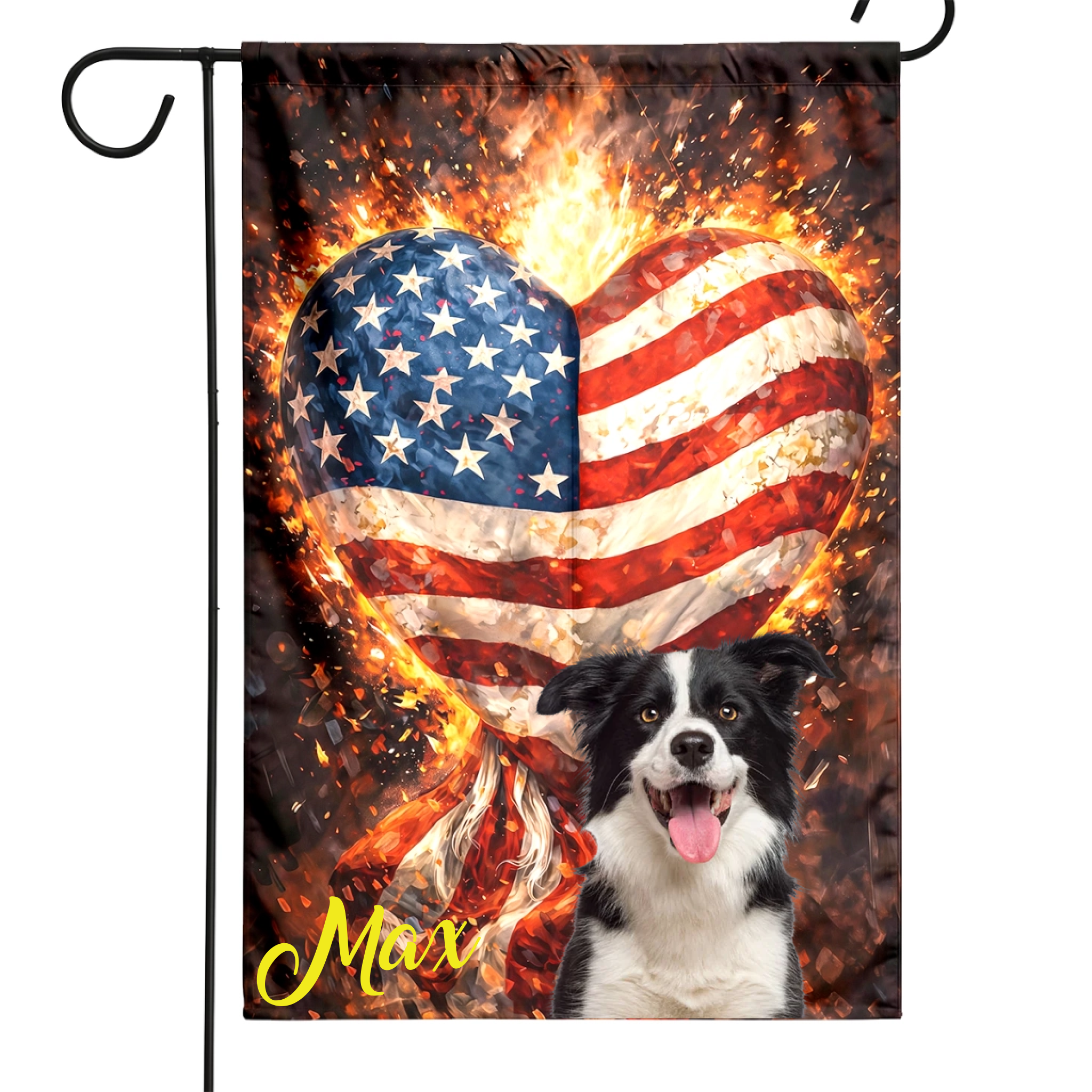 Custom Fire Heart Shaped American Flag Garden Flag, Grunge Patriotic Love USA Yard Banner Customizable 4th of July Decor