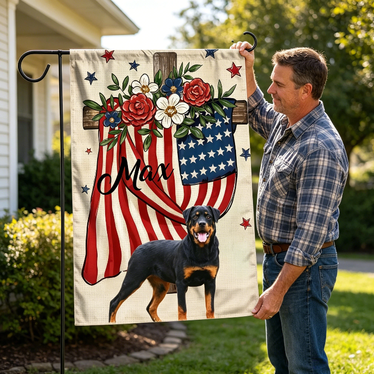 Custom Floral Cross American Garden Flag, Vintage Rose Star Patriotic Yard Flag Customizable Independence Day Outdoor Banner