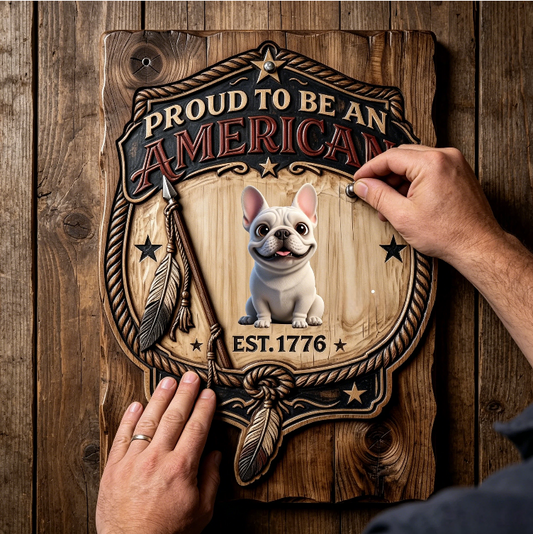 Custom Personalized Proud To Be An American EST.1776 Metal Sign, Vintage 3D Carved Wood Effect Blank Center Custom Name Text Patriotic Wall Plaque for Farmhouse Front Door Porch Decor