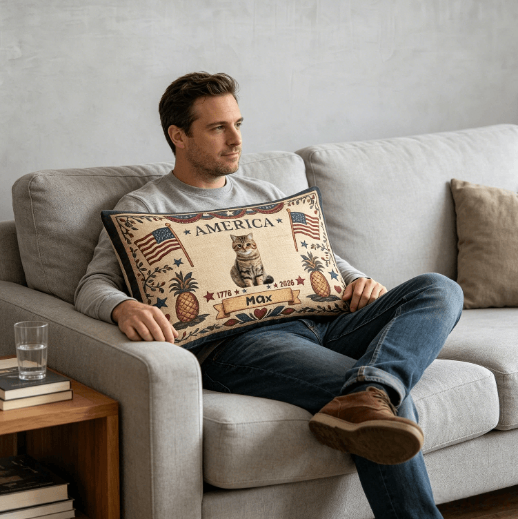 Personalized Vintage USA Flag Custom Cat Pillow