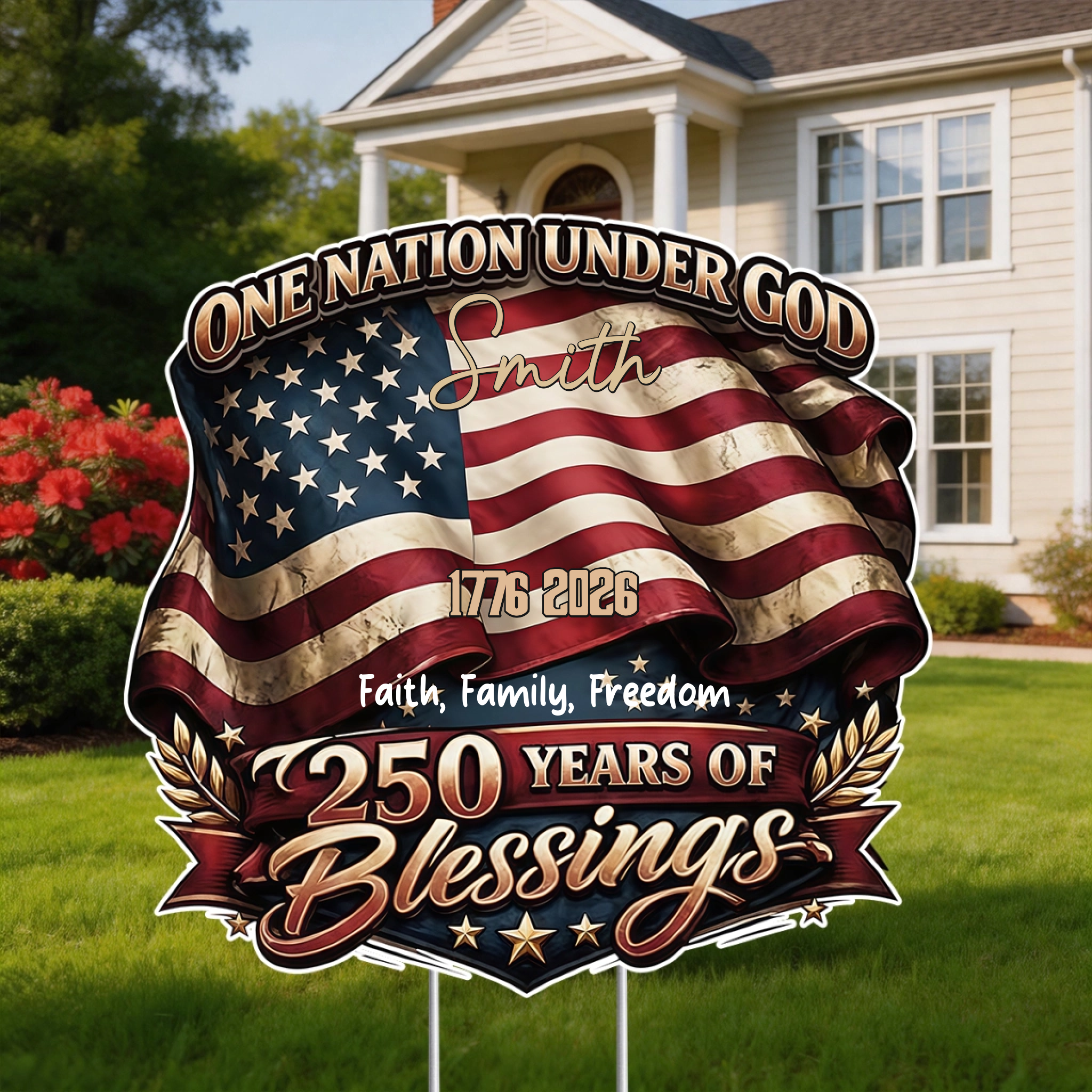 Vintage US Flag One Nation Under God 250 Years Blessings Patriotic Yard Sign