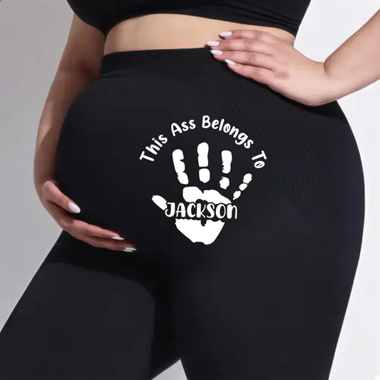 Pregnant woman's pants "This baby belongs to..." - Personalized names and palm prints impressions