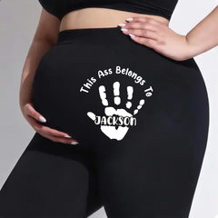 Pregnant woman's pants "This baby belongs to..." - Personalized names and palm prints impressions