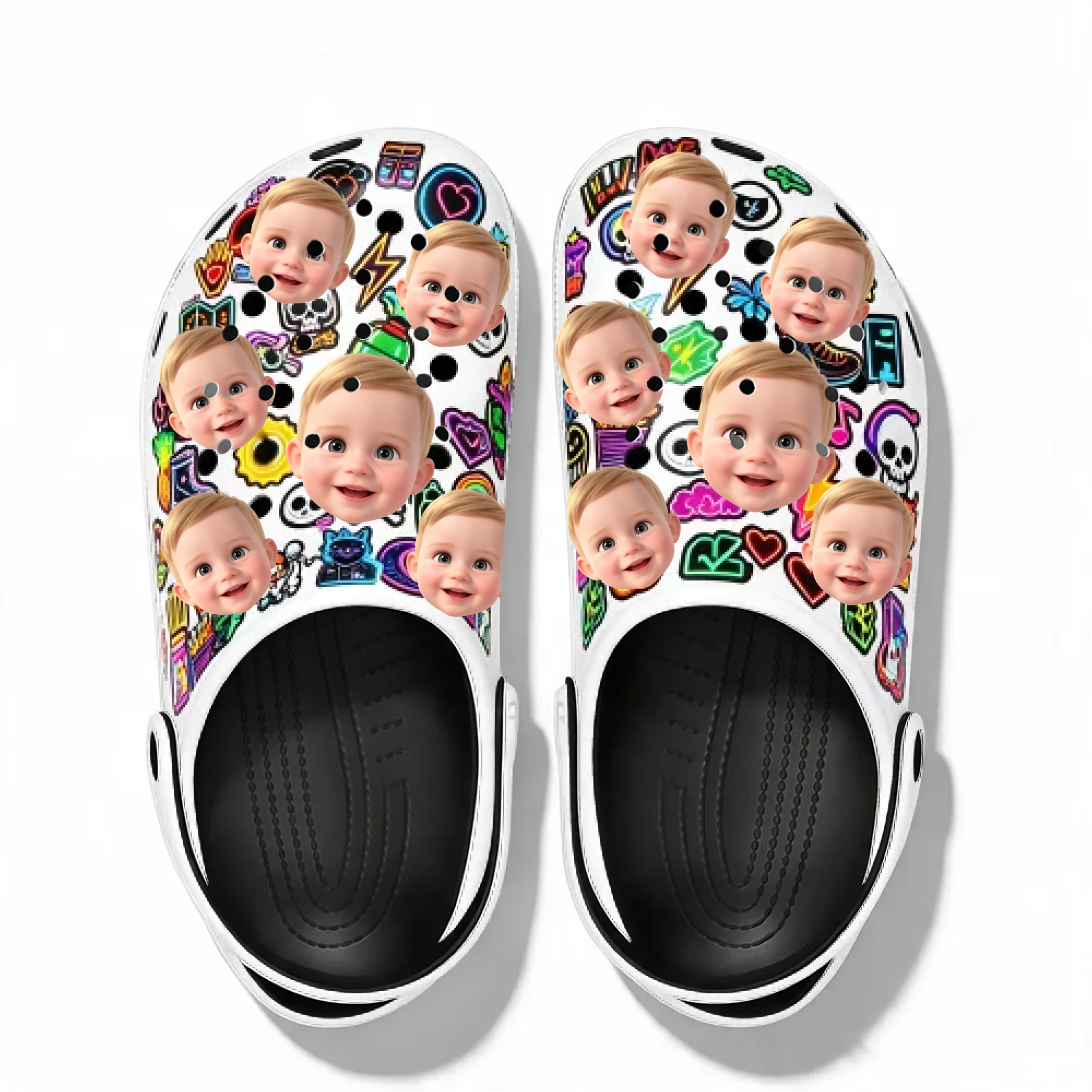 Multiple styles of slip-resistant perforated shoes with custom shoe surface designs