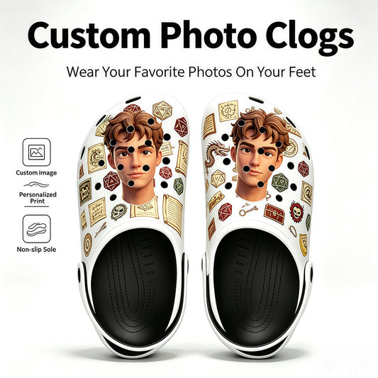 Upload your own photos to customize your slippers. DND tabletop game print - ankle sandals, customizable images, casual outdoor beach slippers, suitable for TTRPG enthusiasts.