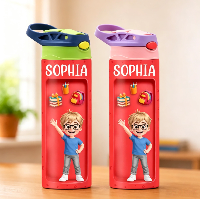 Customized student insulated water bottle 20 oz - An individualized school gift for children - School bag, textbooks, pencils printed on it