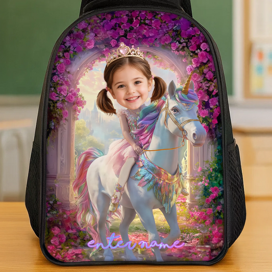 Customized photo schoolbag - A personalized gift for children on their first day of school - The Horseback Riding Princess