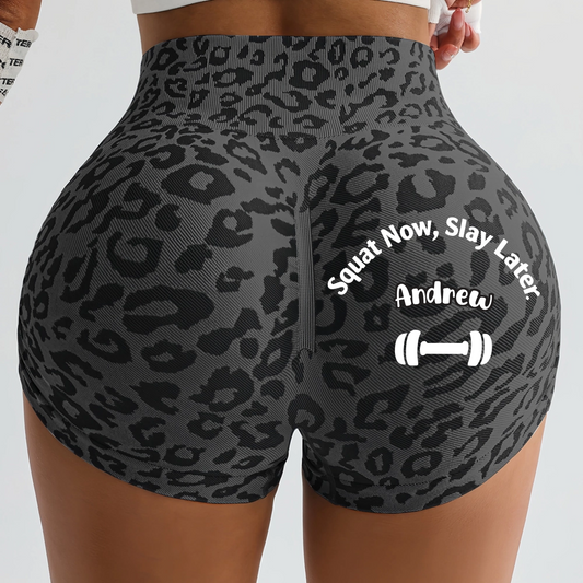 Leopard Print Butt Lifting Workout Shorts, "Squat Now, Slay Later" Seamless High Waist Gym Shorts for Women