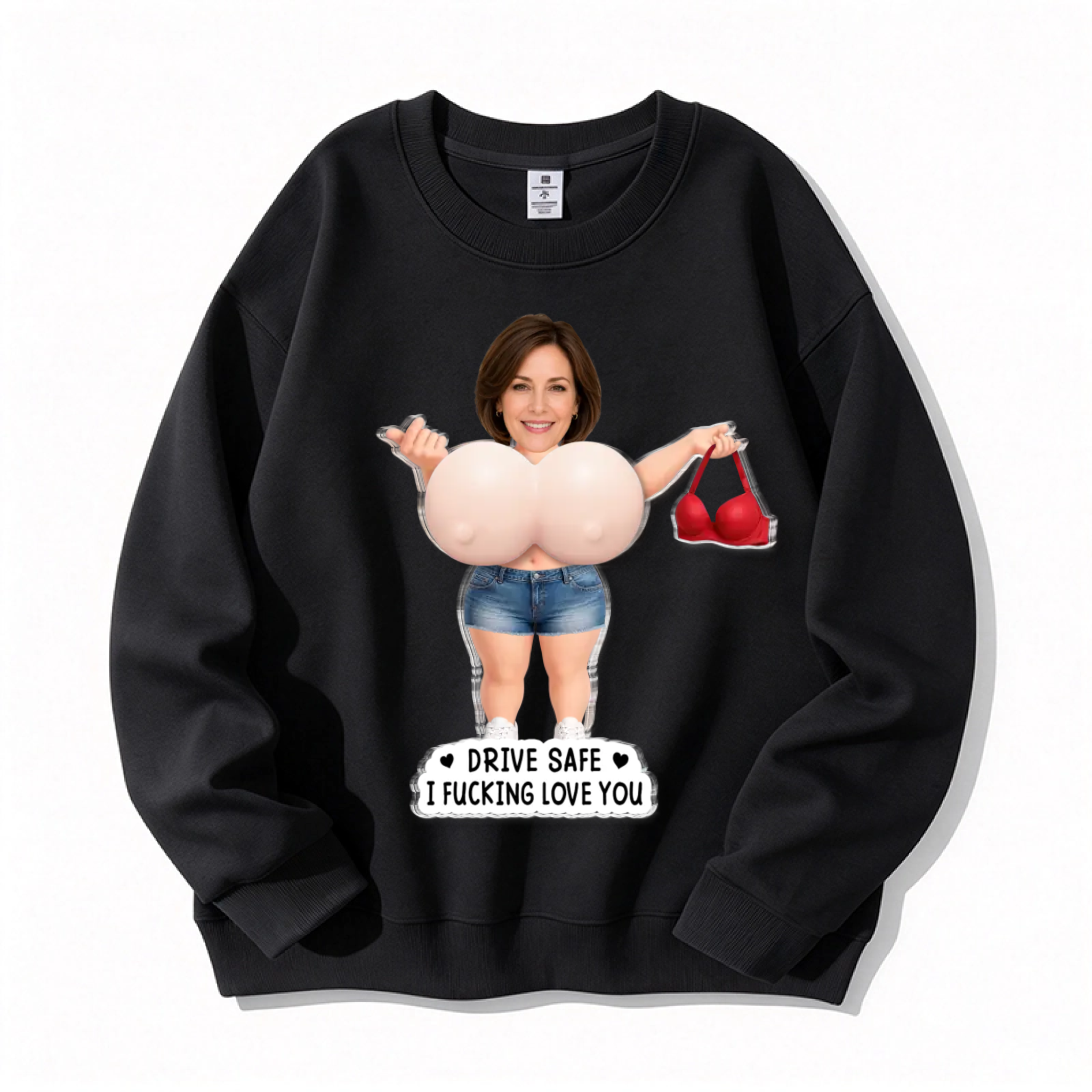 Customized sweatshirt featuring a sexy and humorous couple image- Personalized Anniversary Wedding Gifts For Husband And Wife, Him And Her - Squeeze Me, I Miss You
