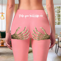 Edgy Skeleton Hand Print Black Leggings - "This Ass Belongs To" Gothic Graphic Yoga Pants - Spooky Season Streetwear