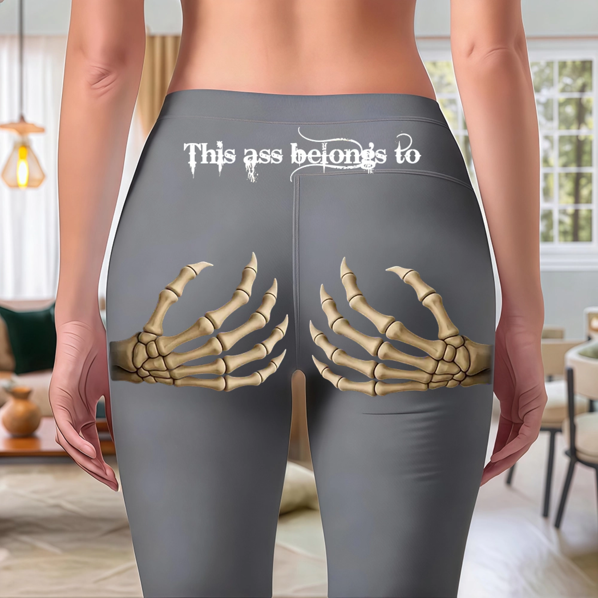 Edgy Skeleton Hand Print Black Leggings - "This Ass Belongs To" Gothic Graphic Yoga Pants - Spooky Season Streetwear