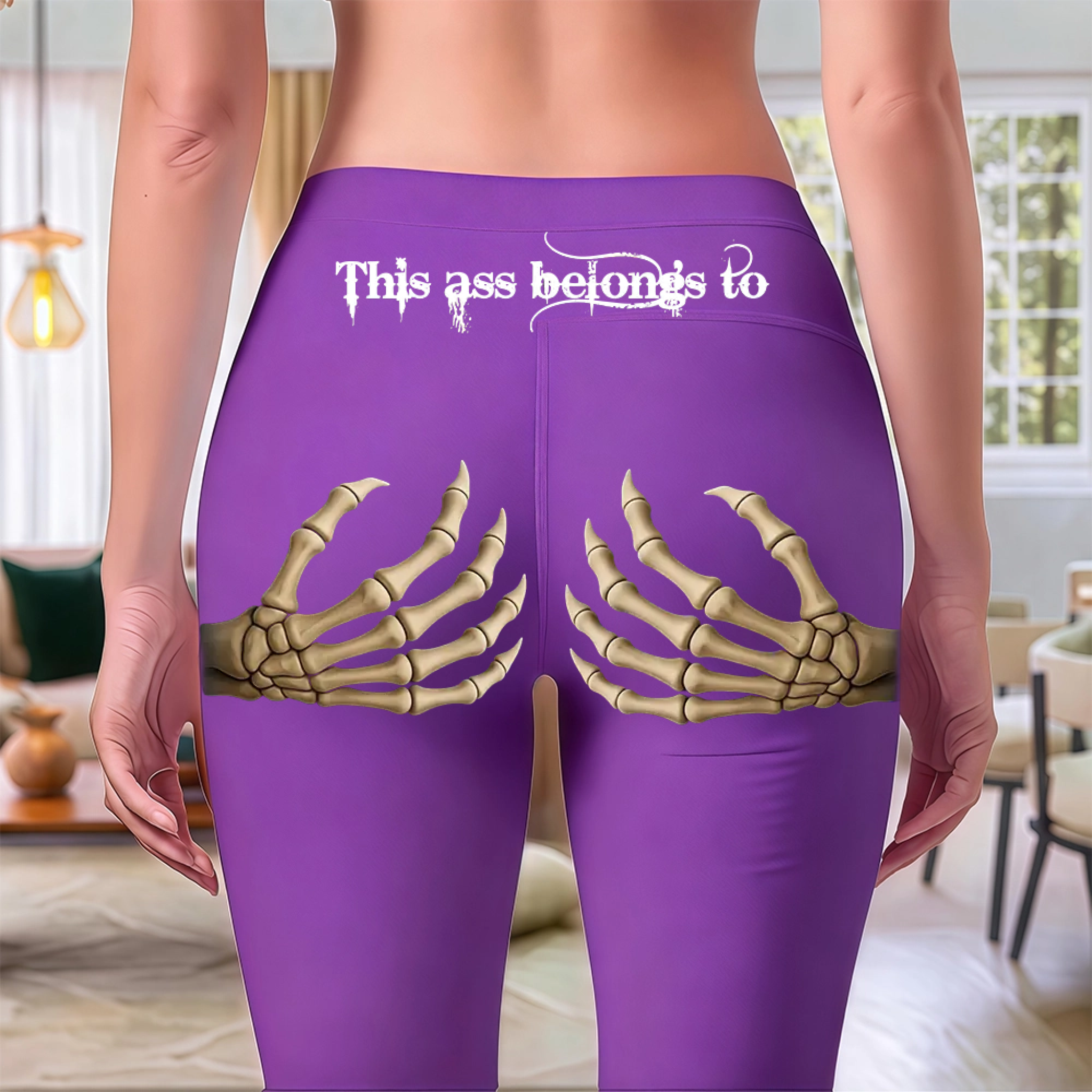 Edgy Skeleton Hand Print Black Leggings - "This Ass Belongs To" Gothic Graphic Yoga Pants - Spooky Season Streetwear