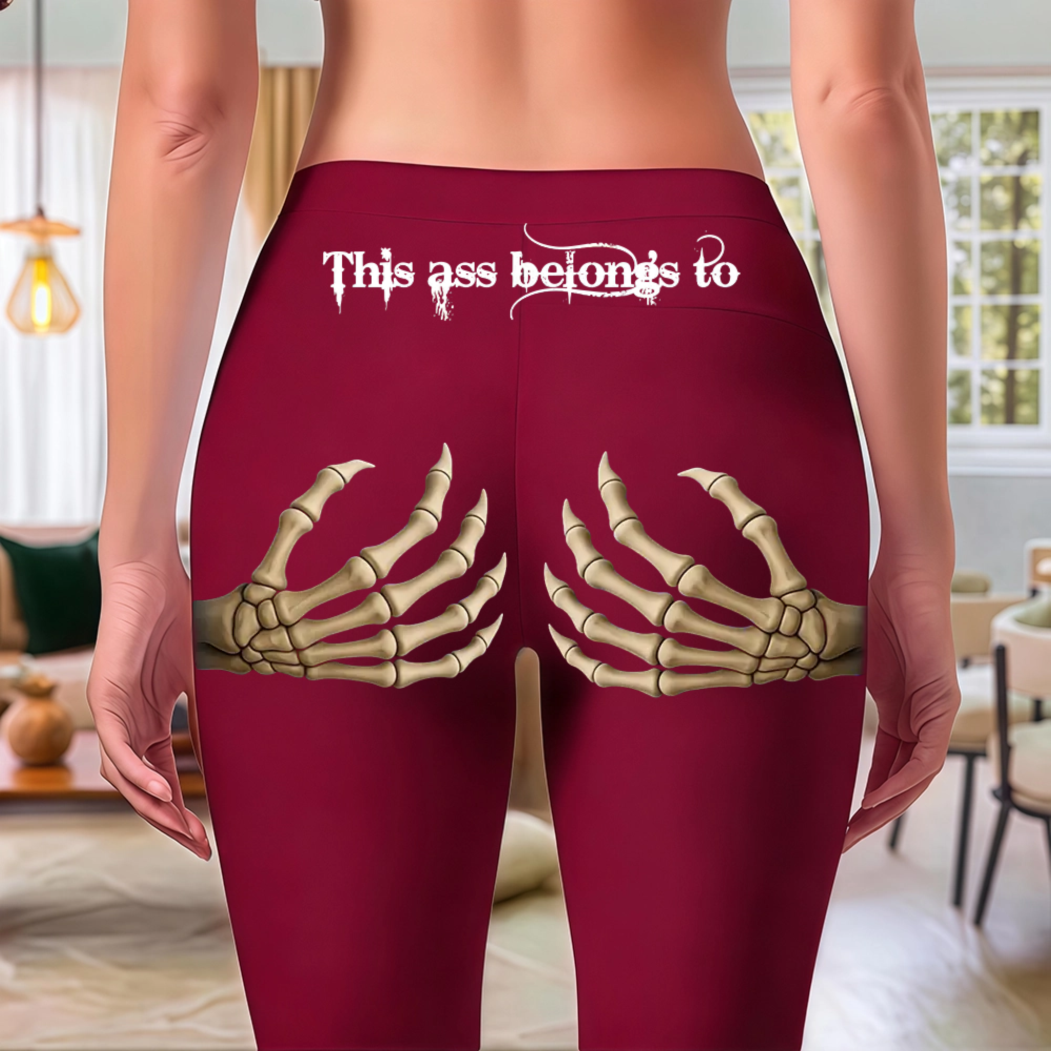 Edgy Skeleton Hand Print Black Leggings - "This Ass Belongs To" Gothic Graphic Yoga Pants - Spooky Season Streetwear
