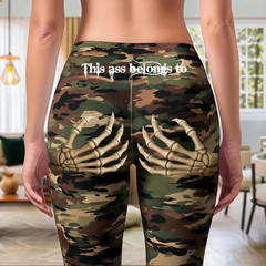 Edgy Skeleton Hand Print Black Leggings - "This Ass Belongs To" Gothic Graphic Yoga Pants - Spooky Season Streetwear