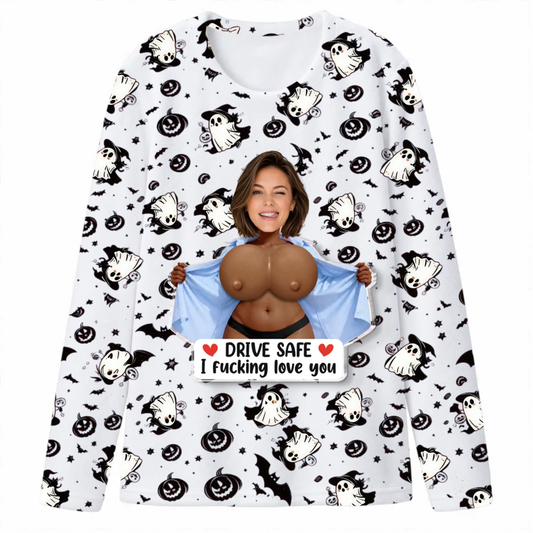Personalized Halloween long-sleeved pajamas, custom-made sexy and humorous couple image icons - Unzip the shirt