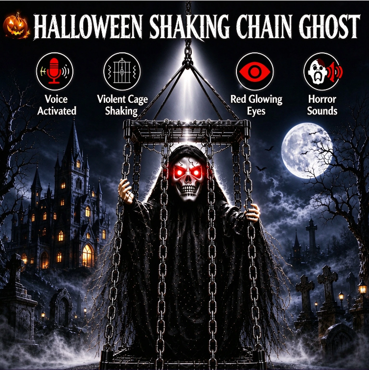 Halloween cage with sound-controlled ghost decorations