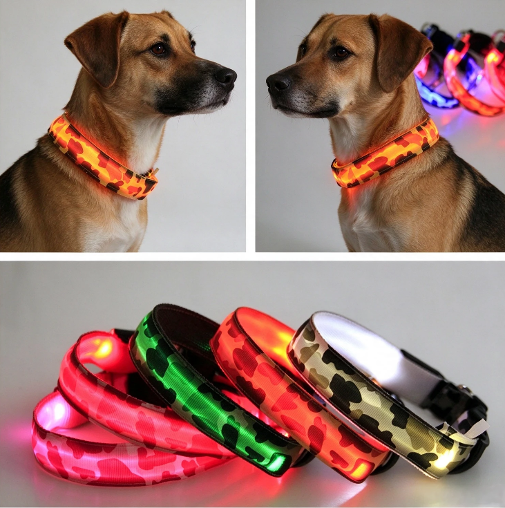 LED Camo Light Up Dog Collar, Glowing Safety Collar for Night Walking, Adjustable Nylon Pet Collar for Small Medium Large Dogs