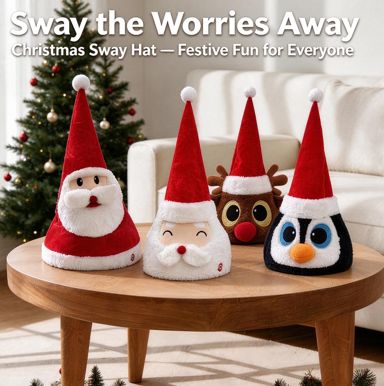Electric swaying Christmas plush hat, with music and light effects. An interesting holiday prank gift that is suitable for wearing at parties.