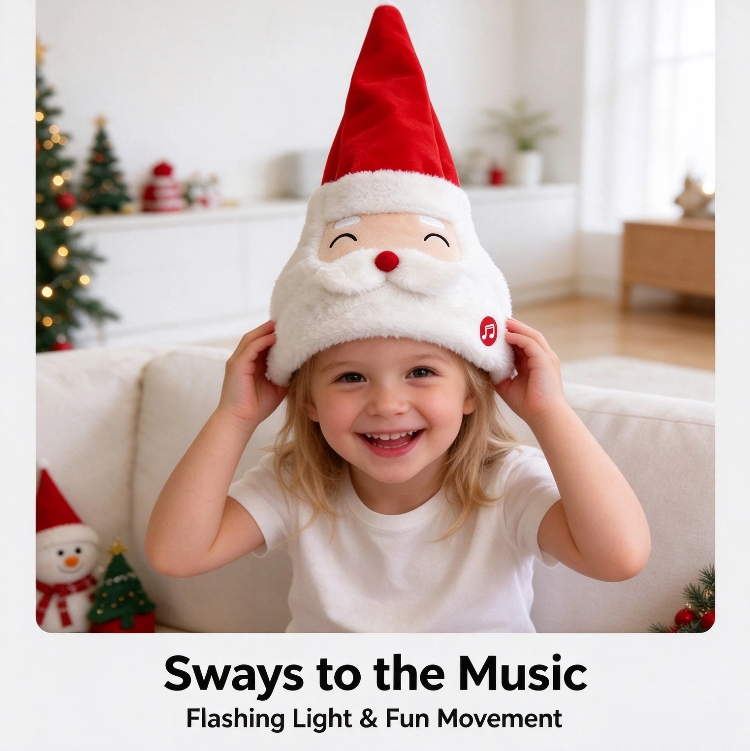 Electric swaying Christmas plush hat, with music and light effects. An interesting holiday prank gift that is suitable for wearing at parties.