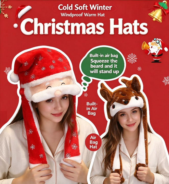 Santa Airbag Plush Hat, Press Ears Move Christmas Santa Hat, Funny Interactive Xmas Party Costume Hat for Adults