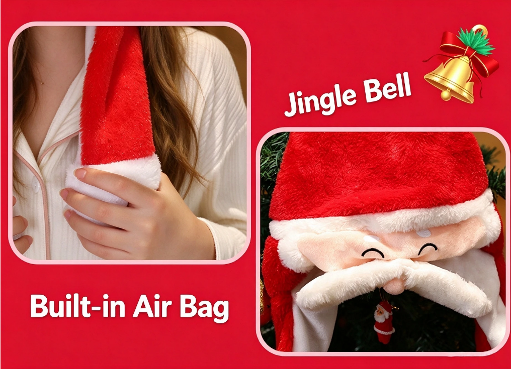Santa Airbag Plush Hat, Press Ears Move Christmas Santa Hat, Funny Interactive Xmas Party Costume Hat for Adults