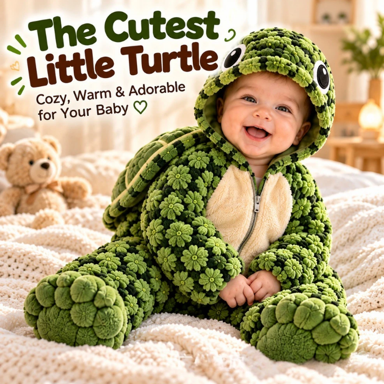 Little Turtle Plush Shell Baby Onesie, Cute 3D Tortoise Hooded Romper