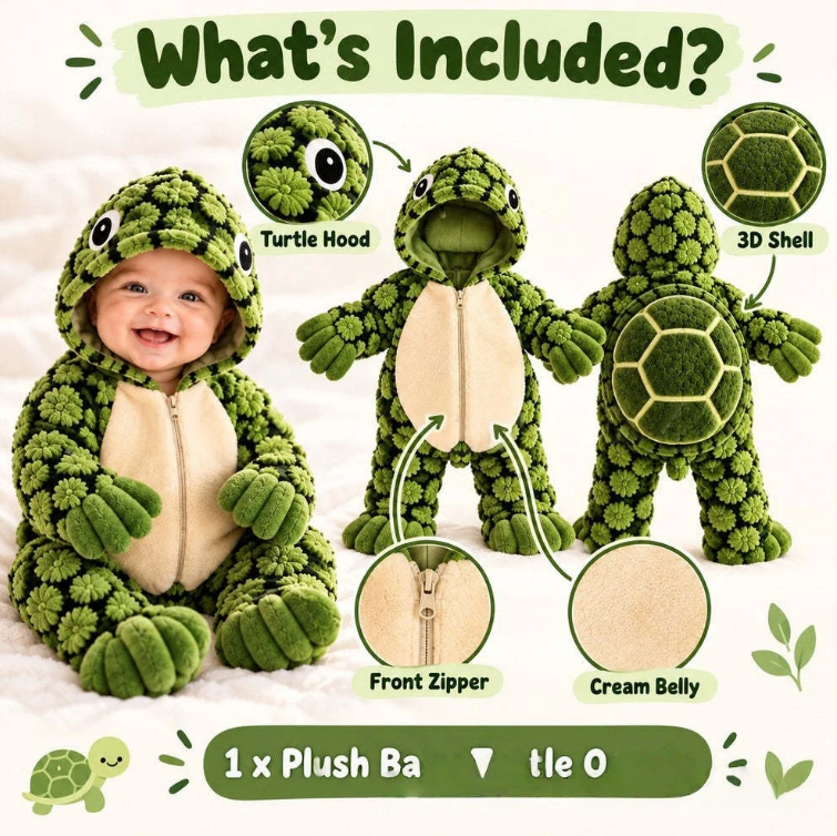 Little Turtle Plush Shell Baby Onesie, Cute 3D Tortoise Hooded Romper