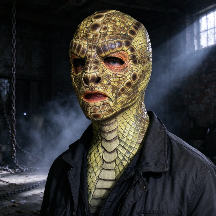 Reptile Snake Full Head Mask with Neck, Realistic Lizard Skin Latex Mask, Scary Serpent Costume Mask for Halloween Cosplay Party