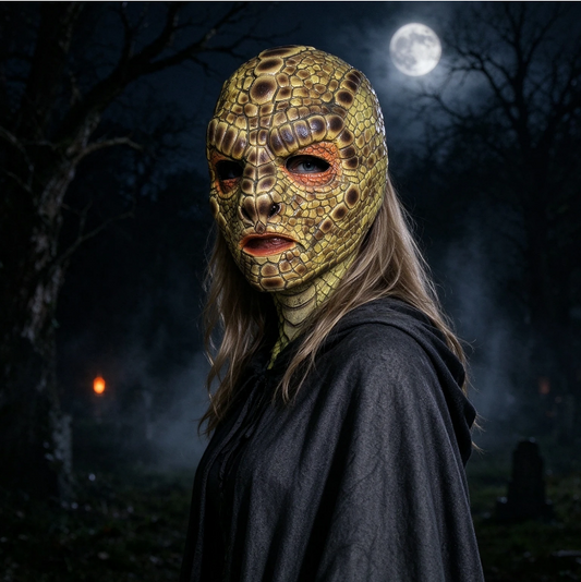 Reptile Snake Full Head Mask with Neck, Realistic Lizard Skin Latex Mask, Scary Serpent Costume Mask for Halloween Cosplay Party