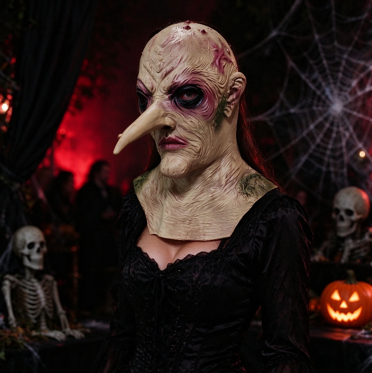 Scary Long Nose Witch Full Head Latex Mask with Neck, Realistic Wrinkled Monster Mask, Creepy Halloween Costume Mask for Masquerade Cosplay Party