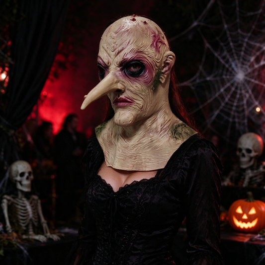 Scary Long Nose Witch Full Head Latex Mask with Neck, Realistic Wrinkled Monster Mask, Creepy Halloween Costume Mask for Masquerade Cosplay Party