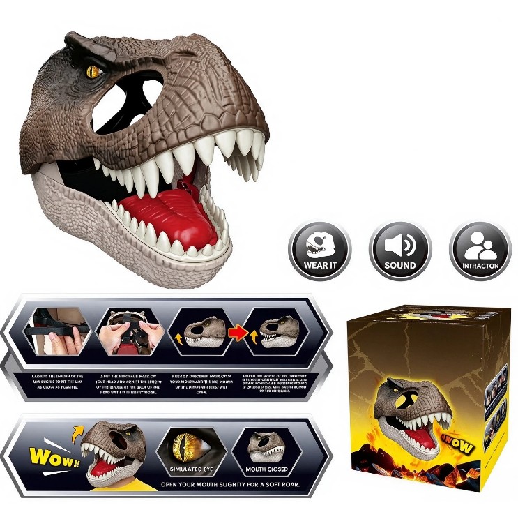 Moving jaw dinosaur mask with roaring sound, animal role-playing mask, Halloween prank funny helmet