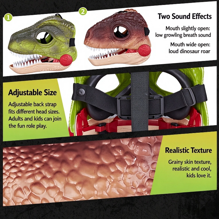 Moving jaw dinosaur mask with roaring sound, animal role-playing mask, Halloween prank funny helmet