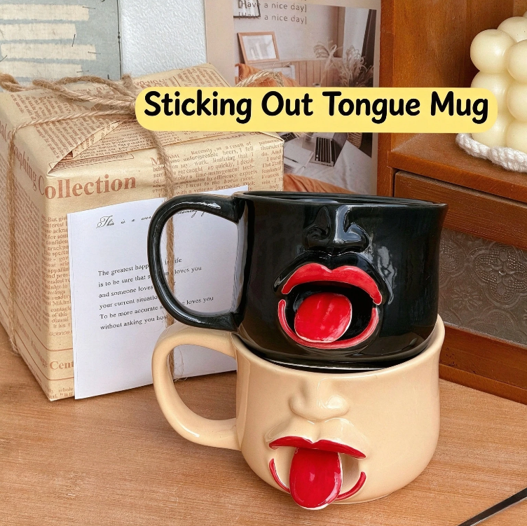 Weirdly shaped cup with a tongue sticking out - ceramic mug. A funny and amusing gift for pranks.