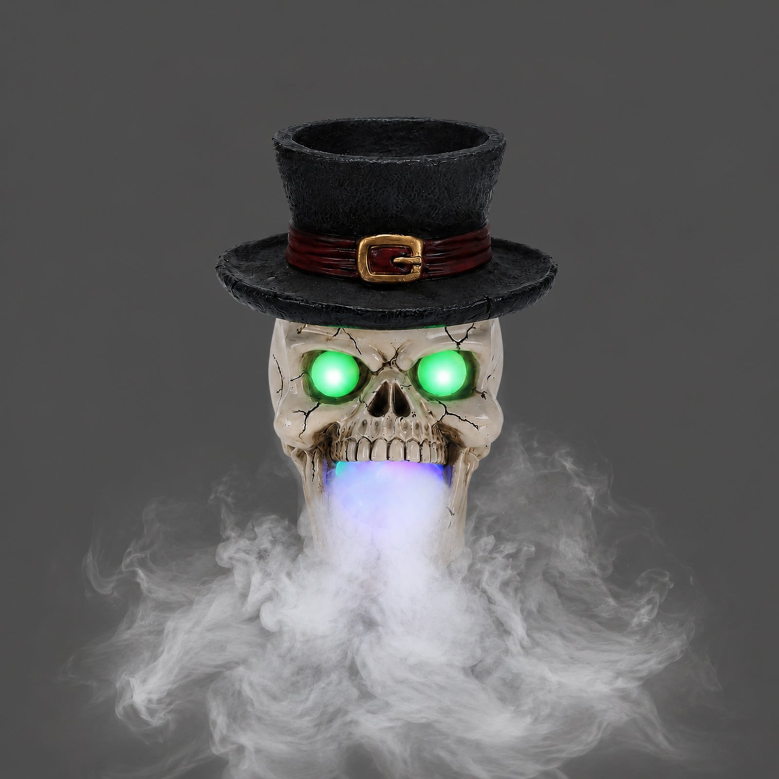 Top hat skull Halloween decor on a plain gray background, front view, showing the cracked skull and the buckle on the hat band