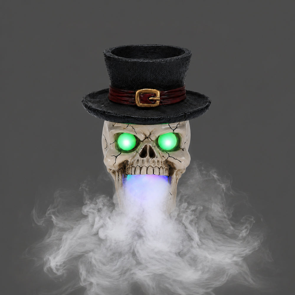 Top hat skull Halloween decor on a plain gray background, front view, showing the cracked skull and the buckle on the hat band