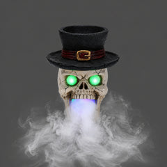Top hat skull Halloween decor on a plain gray background, front view, showing the cracked skull and the buckle on the hat band