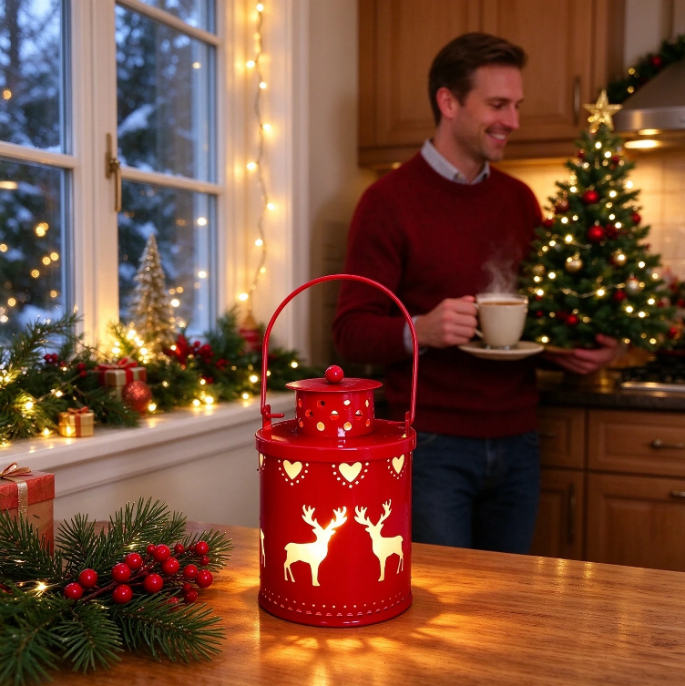 Christmas Mini Metal LED Lantern, Hollow Snowflake Reindeer Tree Pattern, Portable Hanging Night Light, Xmas Tabletop Decor for Home, Party, Holiday Decoration