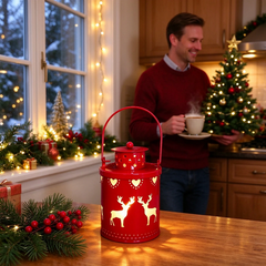 Christmas Mini Metal LED Lantern, Hollow Snowflake Reindeer Tree Pattern, Portable Hanging Night Light, Xmas Tabletop Decor for Home, Party, Holiday Decoration