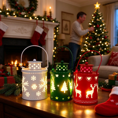 Christmas Mini Metal LED Lantern, Hollow Snowflake Reindeer Tree Pattern, Portable Hanging Night Light, Xmas Tabletop Decor for Home, Party, Holiday Decoration