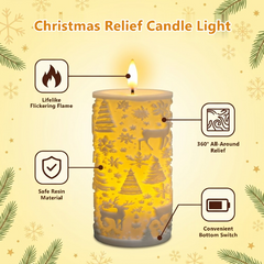 Christmas Embossed LED Flameless Candle, Flickering Realistic Flame, Snowflake Reindeer Tree Pattern, Battery Operated Pillar Candle for Xmas Home Table Decor, Holiday Gift