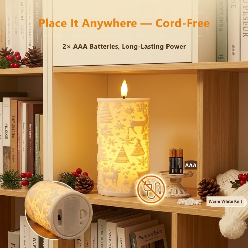 Christmas Embossed LED Flameless Candle, Flickering Realistic Flame, Snowflake Reindeer Tree Pattern, Battery Operated Pillar Candle for Xmas Home Table Decor, Holiday Gift