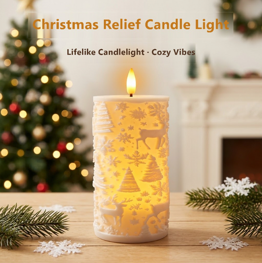Christmas Embossed LED Flameless Candle, Flickering Realistic Flame, Snowflake Reindeer Tree Pattern, Battery Operated Pillar Candle for Xmas Home Table Decor, Holiday Gift