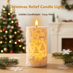 Christmas Embossed LED Flameless Candle, Flickering Realistic Flame, Snowflake Reindeer Tree Pattern, Battery Operated Pillar Candle for Xmas Home Table Decor, Holiday Gift