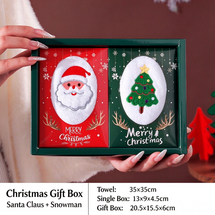 Christmas towel gift box with embroidered gift and cartoon figurines