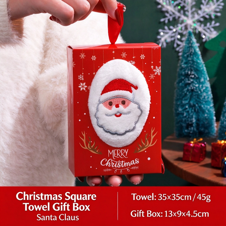 Christmas towel gift box with embroidered gift and cartoon figurines